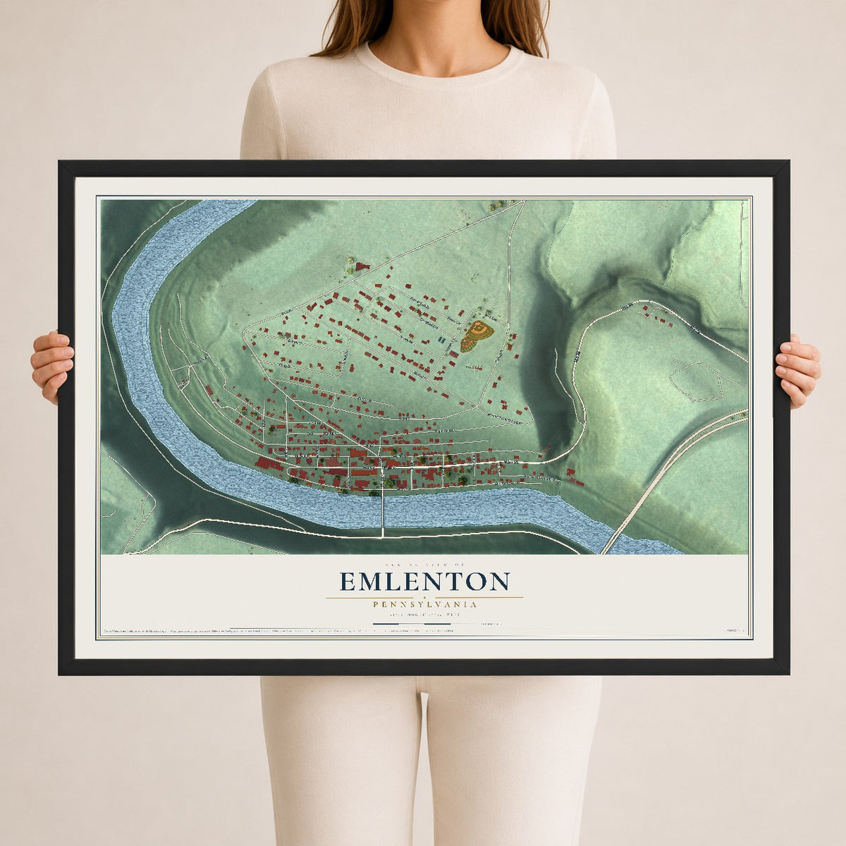 Map of Emlenton, Pennsylvania, 24 x 36 inch print in a black wood frame