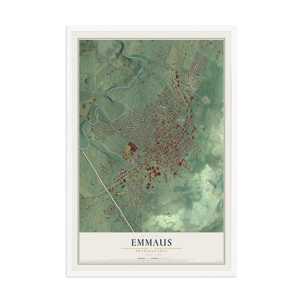 Map of Emmaus, Pennsylvania, 12 x 18 inch print in a white wood frame