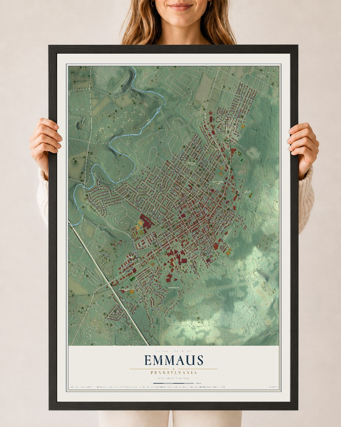 Map of Emmaus, Pennsylvania, 24 x 36 inch print in a black wood frame
