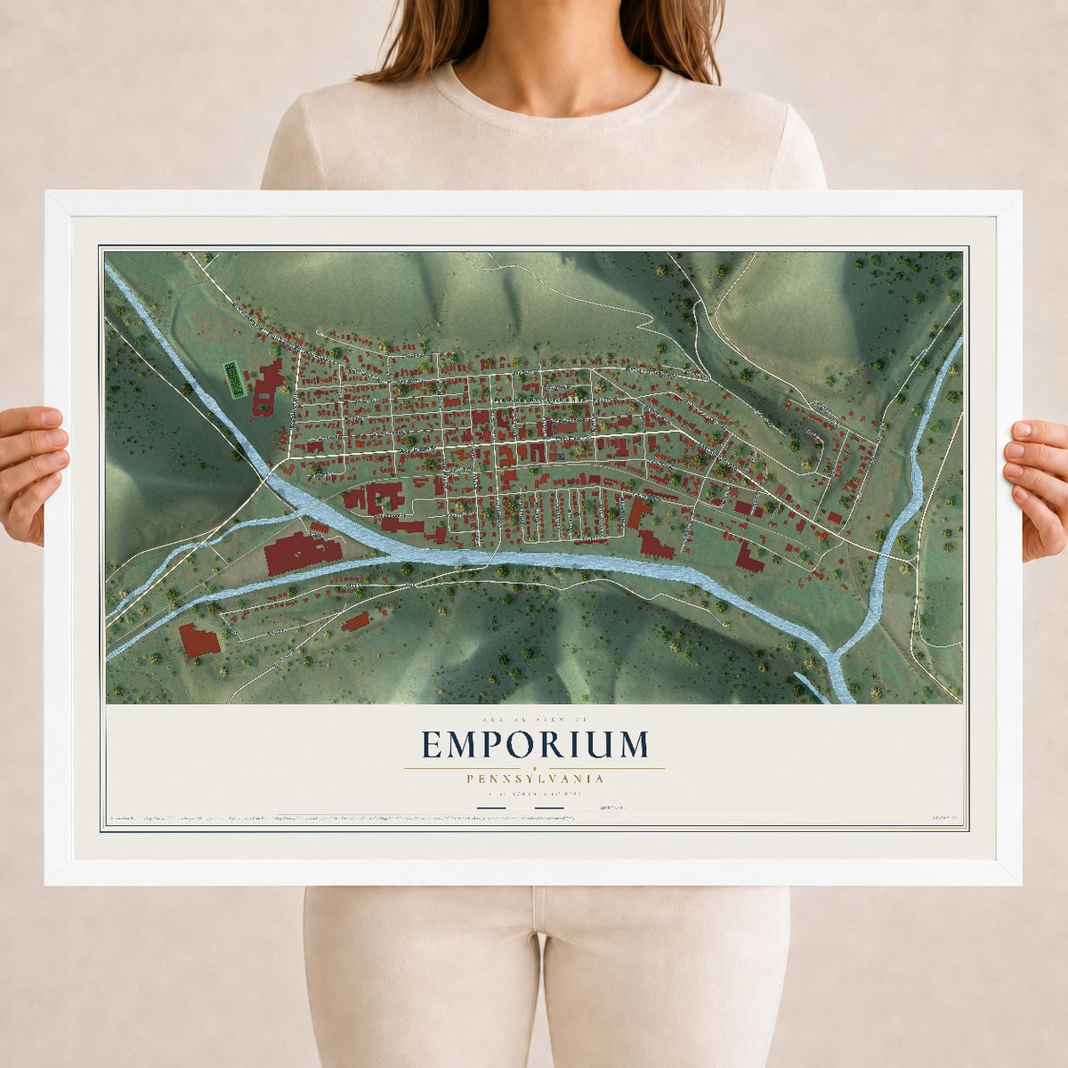 Map of Emporium, Pennsylvania, 18 x 24 inch print in a white wood frame