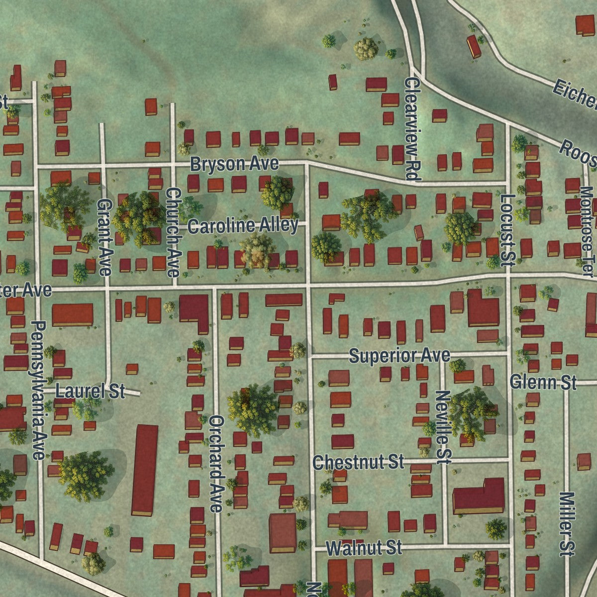 Close-up of the map of Emsworth, Pennsylvania print showing street and building detail