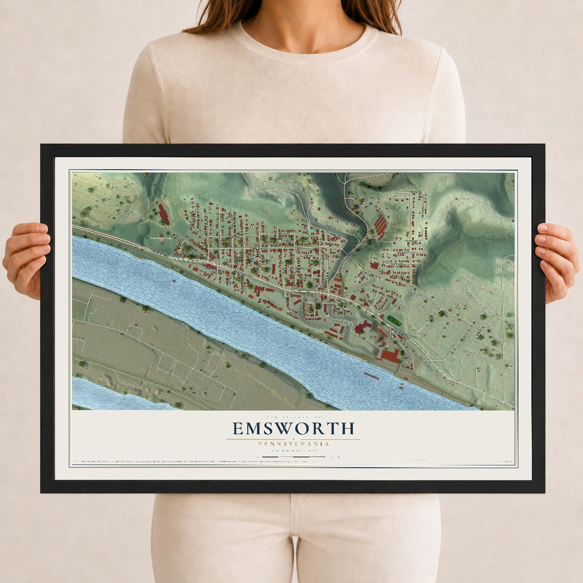 Map of Emsworth, Pennsylvania, 12 x 18 inch print in a black wood frame