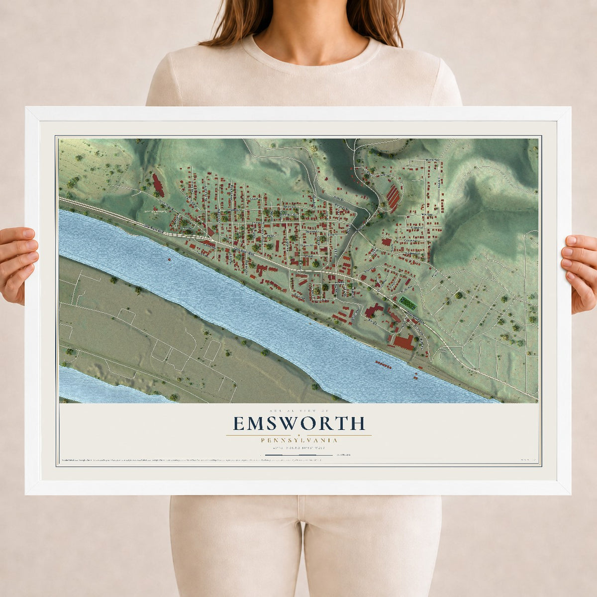 Map of Emsworth, Pennsylvania, 18 x 24 inch print in a white wood frame