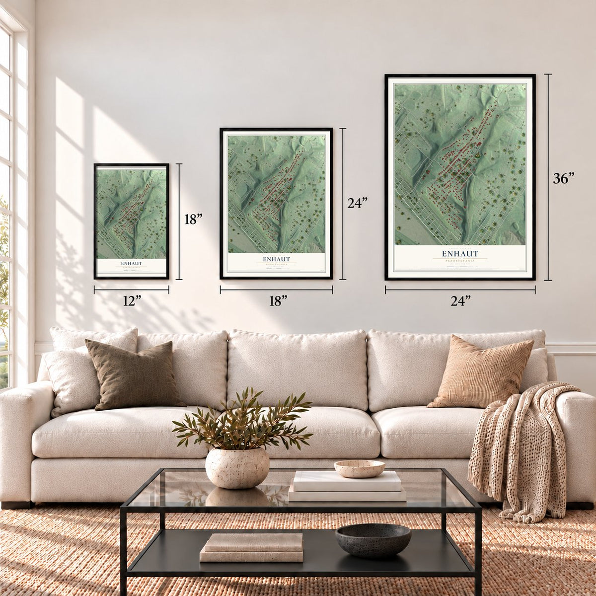 Enhaut, Pennsylvania map in 12 x 18, 18 x 24 and 24 x 36 inch sizes above a sofa