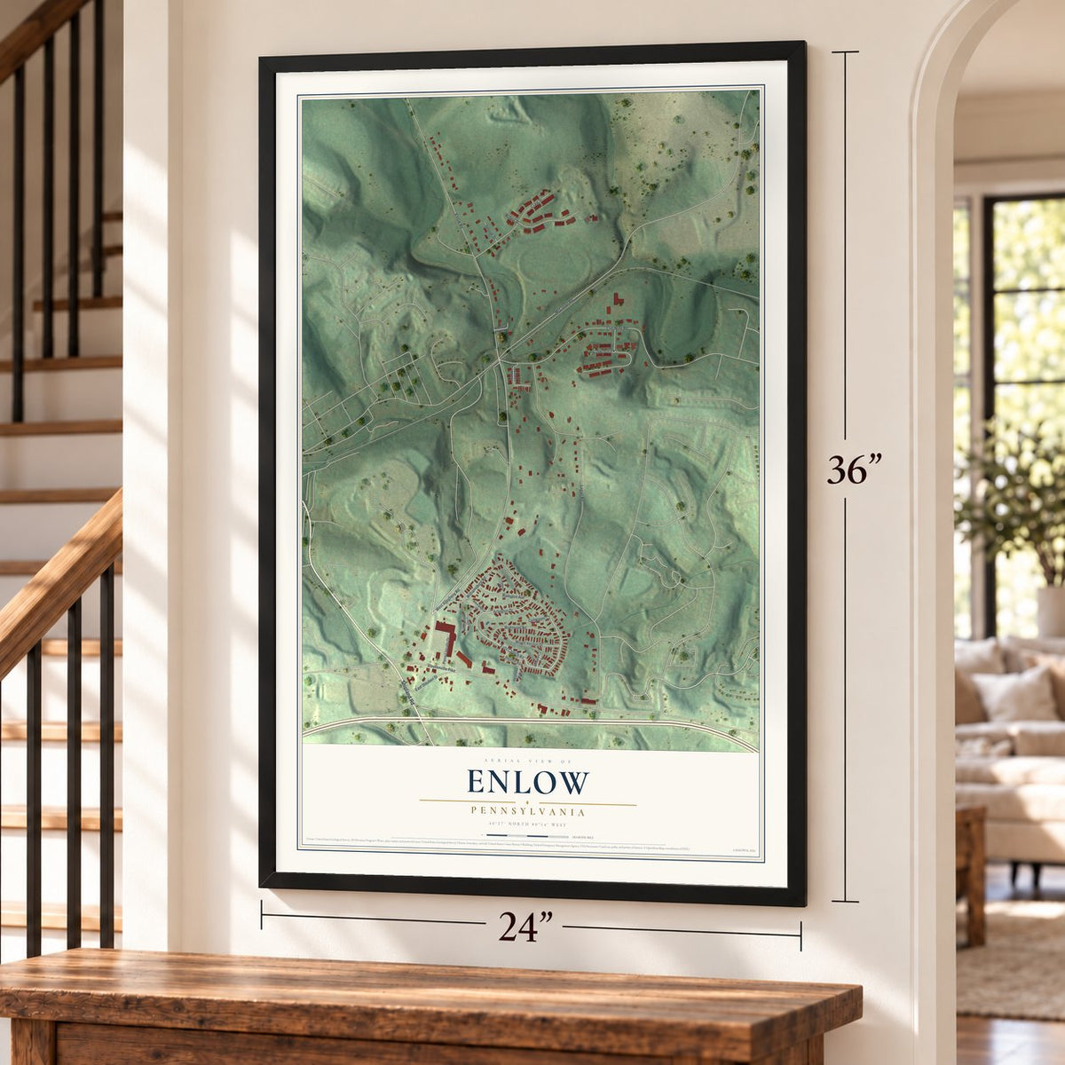 Enlow, Pennsylvania map, 24 x 36 inch print in a black frame by a staircase