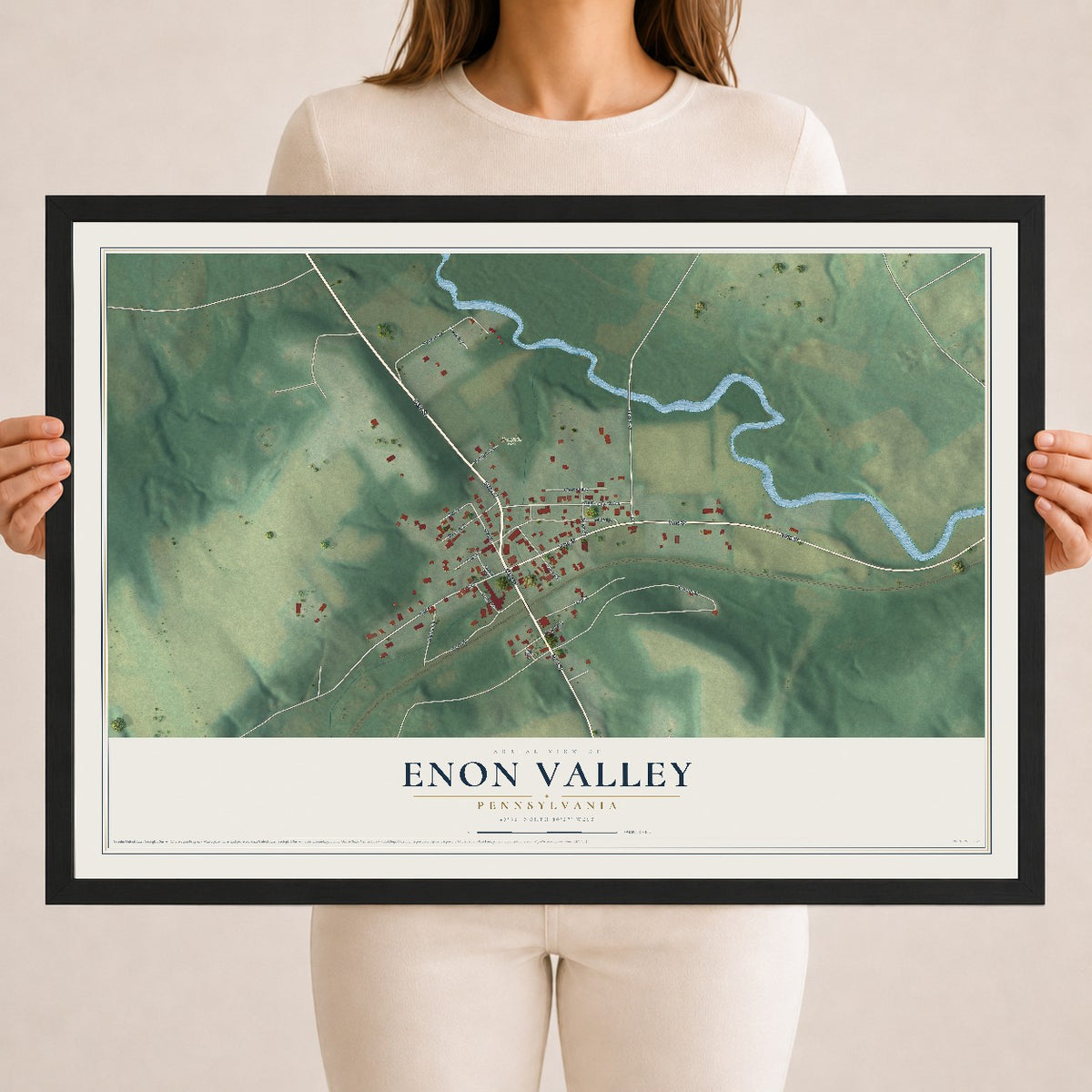 Map of Enon Valley, Pennsylvania, 18 x 24 inch print in a black wood frame