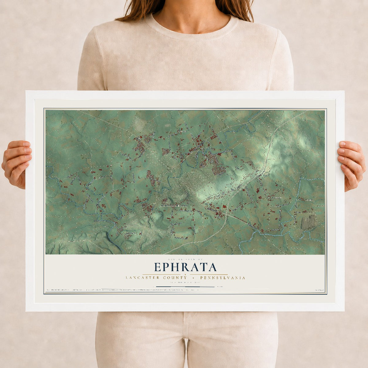 Map of Ephrata, Lancaster County, Pennsylvania, 12 x 18 inch print in a white wood frame