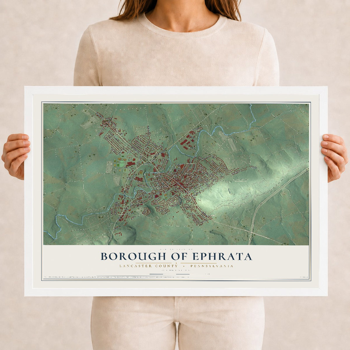 Map of the Borough of Ephrata, Lancaster County, Pennsylvania, 12 x 18 inch print in a white wood frame