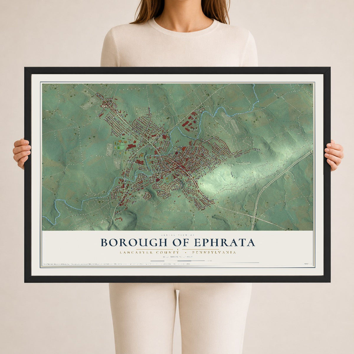 Map of the Borough of Ephrata, Lancaster County, Pennsylvania, 24 x 36 inch print in a black wood frame