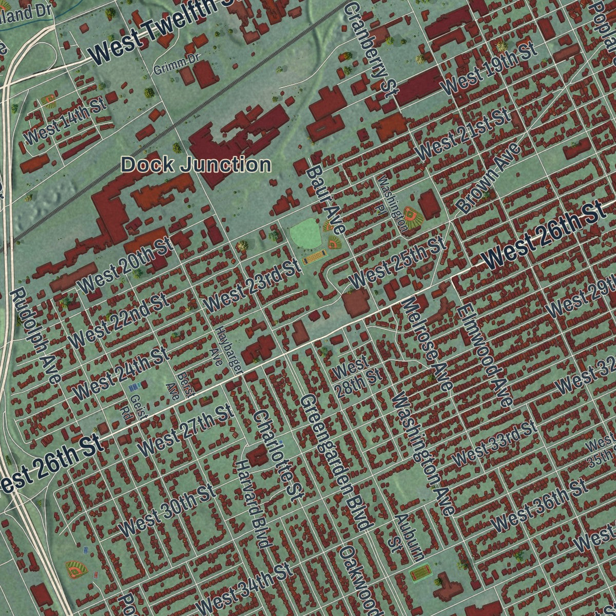 Close-up of the map of Erie, Pennsylvania print showing street and building detail