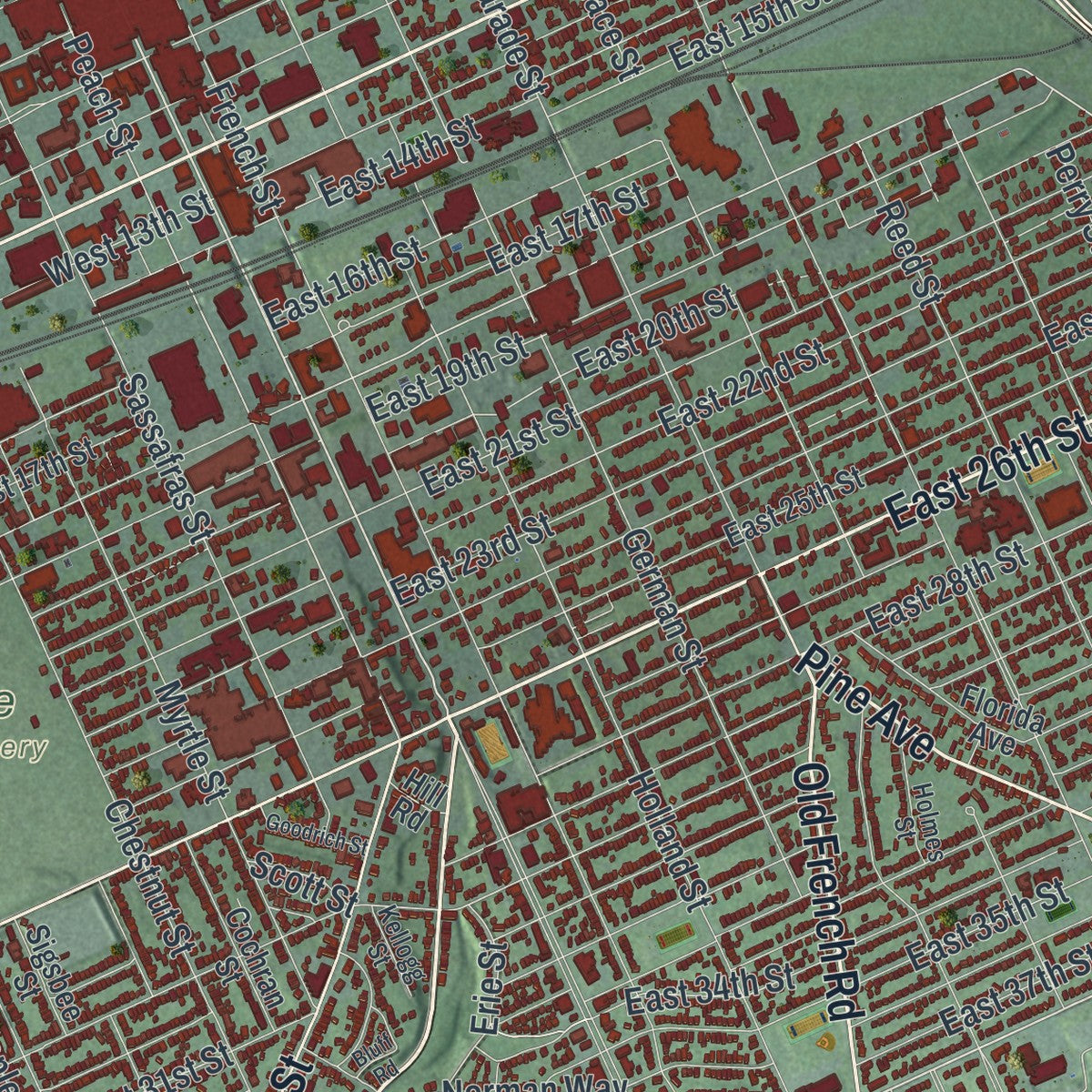 Second close-up of the map of Erie, Pennsylvania print showing more streets and buildings