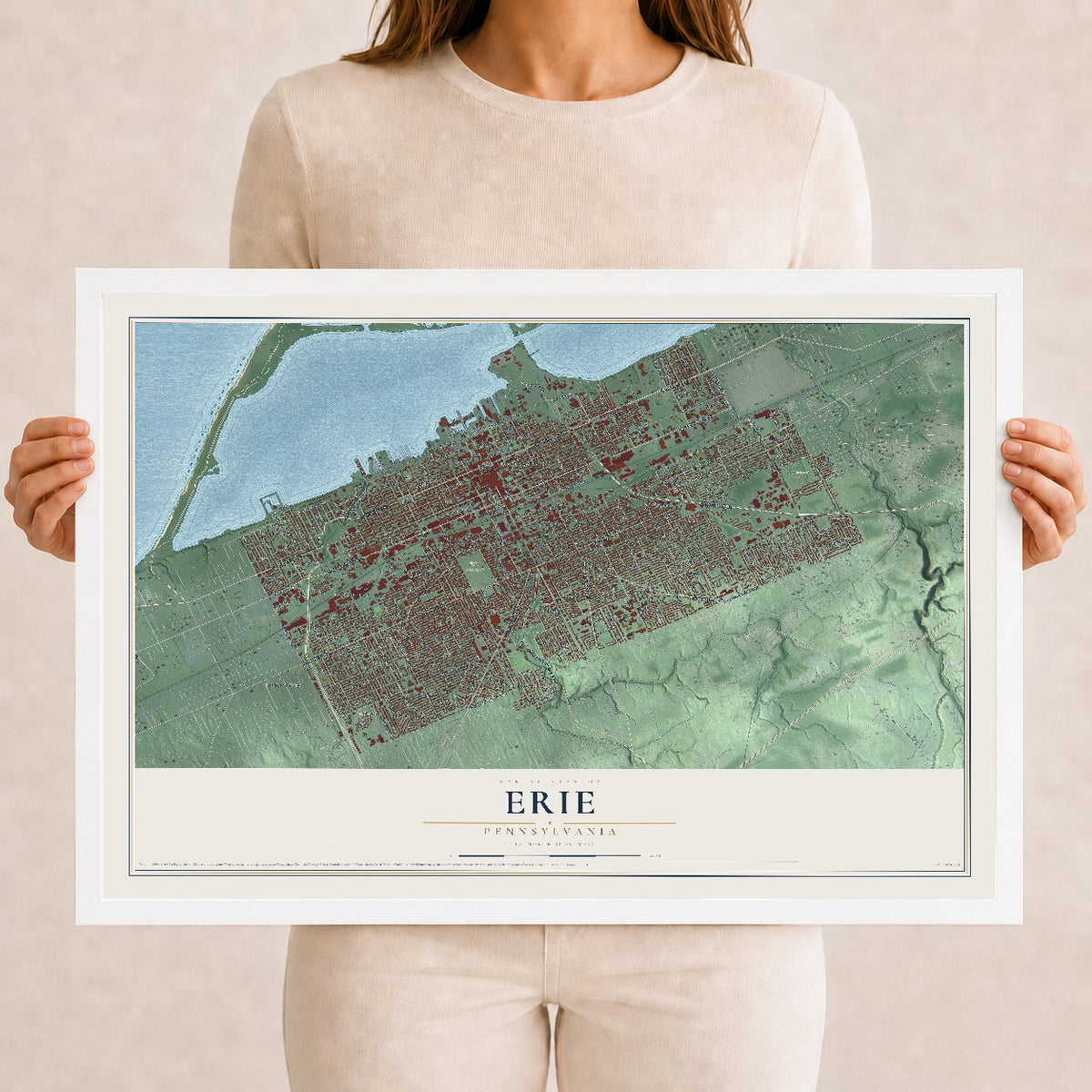 Map of Erie, Pennsylvania, 12 x 18 inch print in a white wood frame