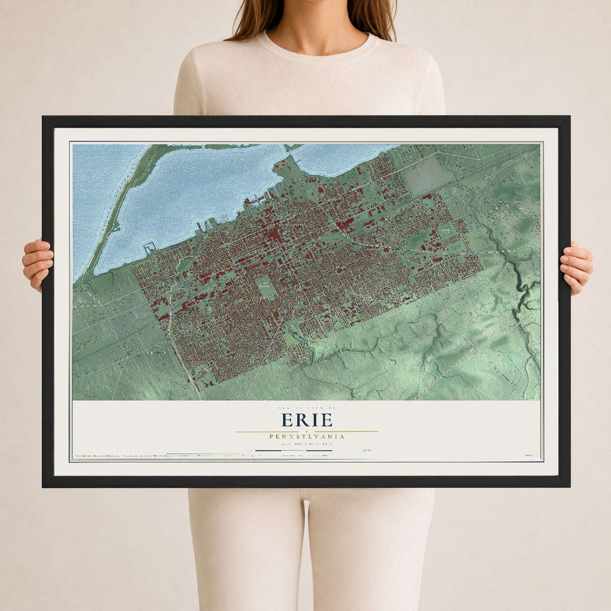 Map of Erie, Pennsylvania, 24 x 36 inch print in a black wood frame