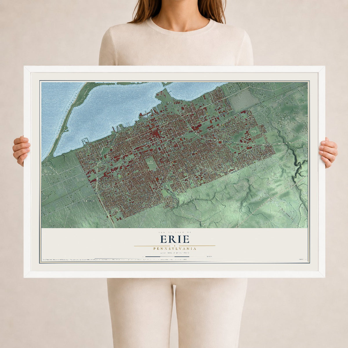 Map of Erie, Pennsylvania, 24 x 36 inch print in a white wood frame