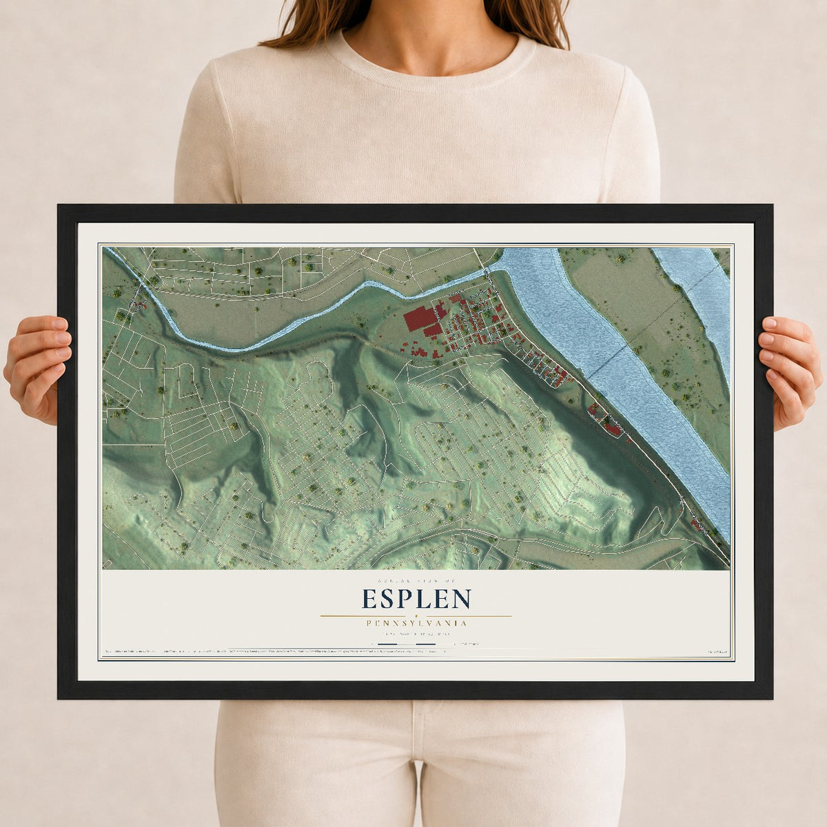 Map of Esplen, Pennsylvania, 12 x 18 inch print in a black wood frame