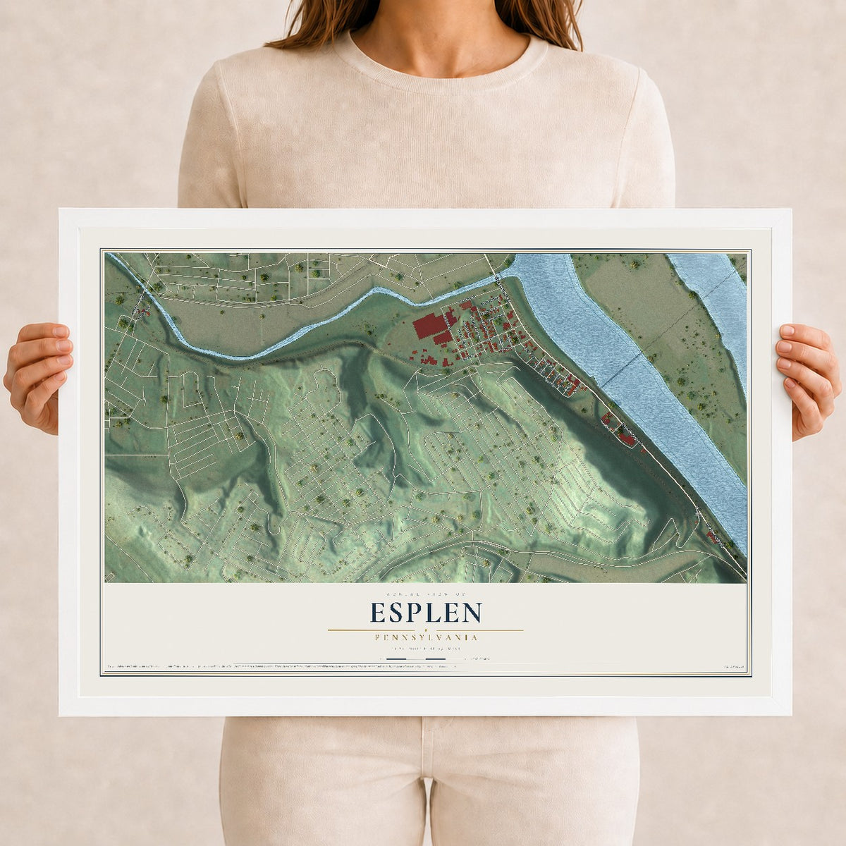 Map of Esplen, Pennsylvania, 12 x 18 inch print in a white wood frame