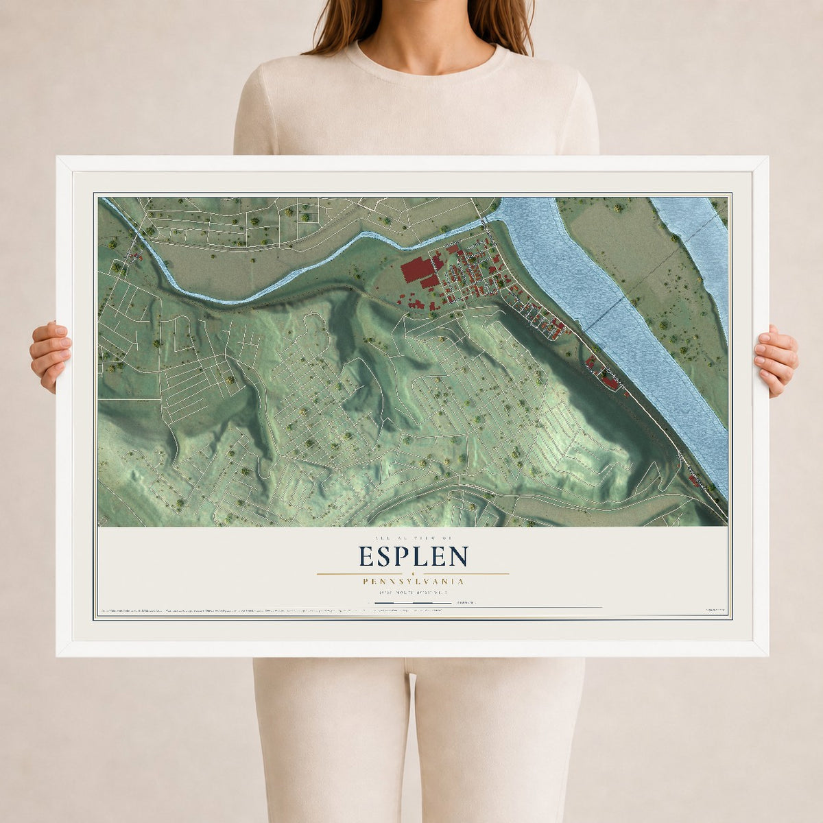Map of Esplen, Pennsylvania, 24 x 36 inch print in a white wood frame