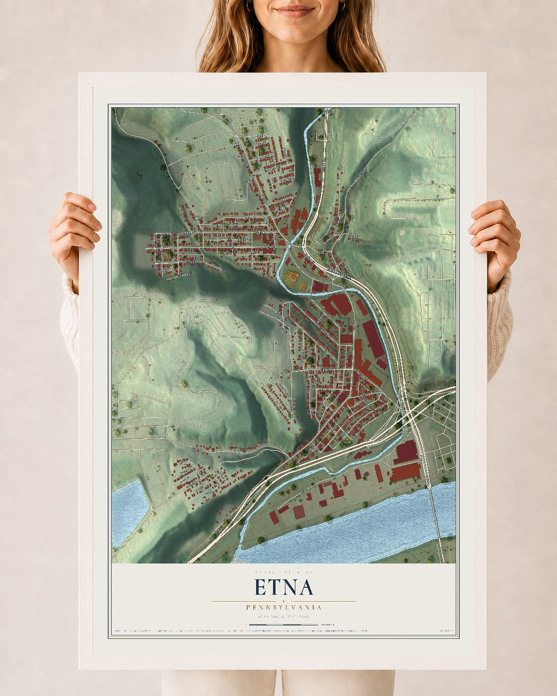 Map of Etna, Pennsylvania, 24 x 36 inch print in a white wood frame