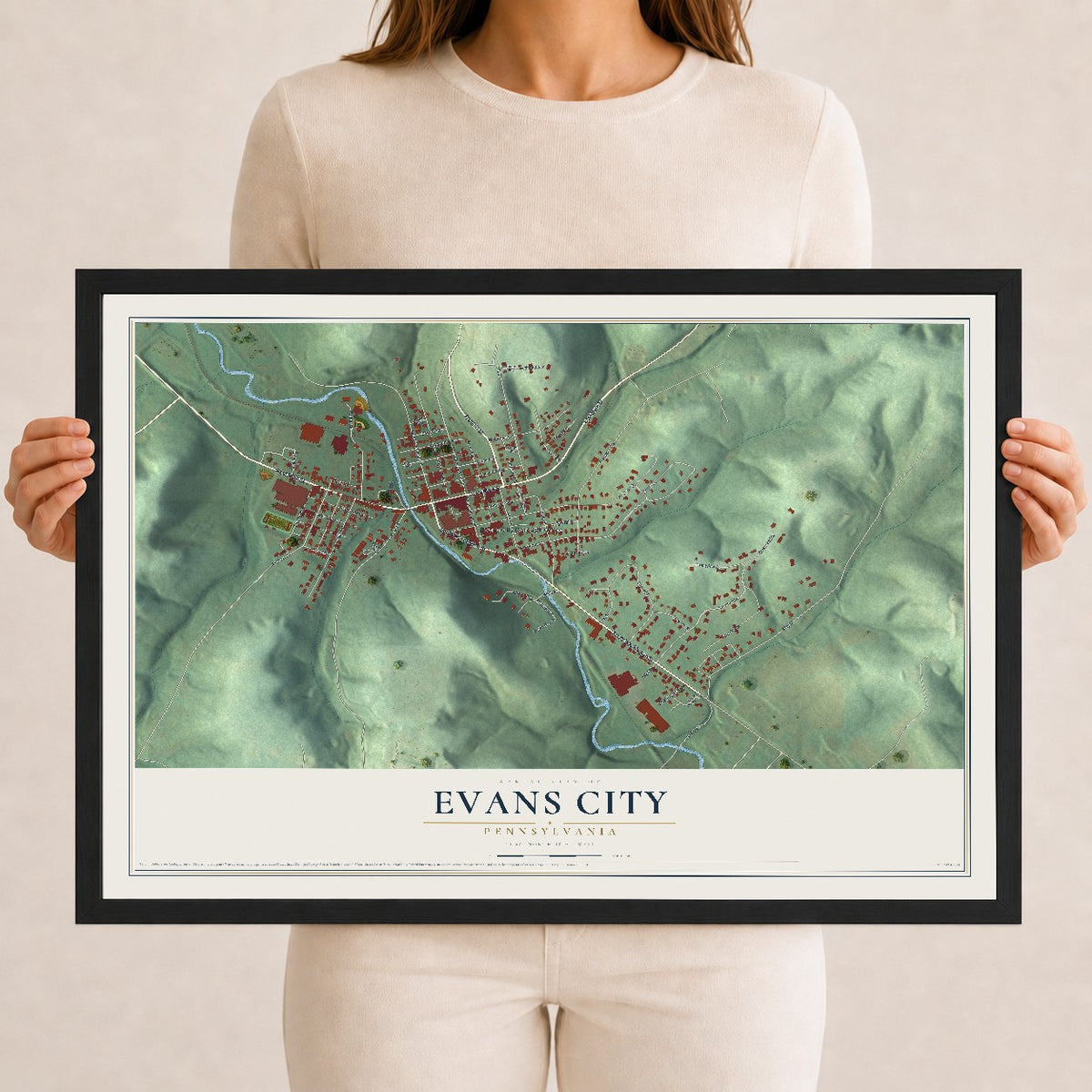 Map of Evans City, Pennsylvania, 12 x 18 inch print in a black wood frame