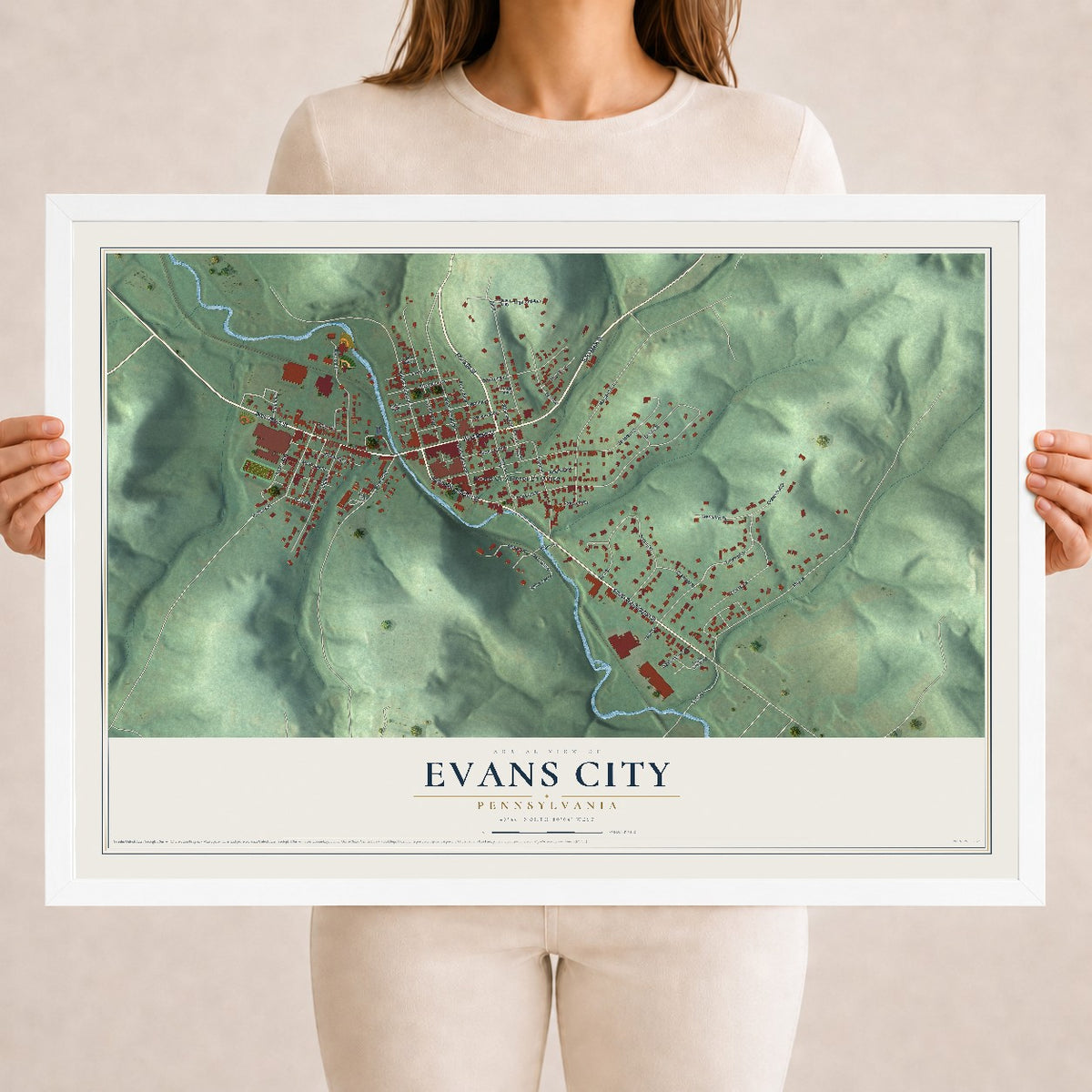 Map of Evans City, Pennsylvania, 18 x 24 inch print in a white wood frame