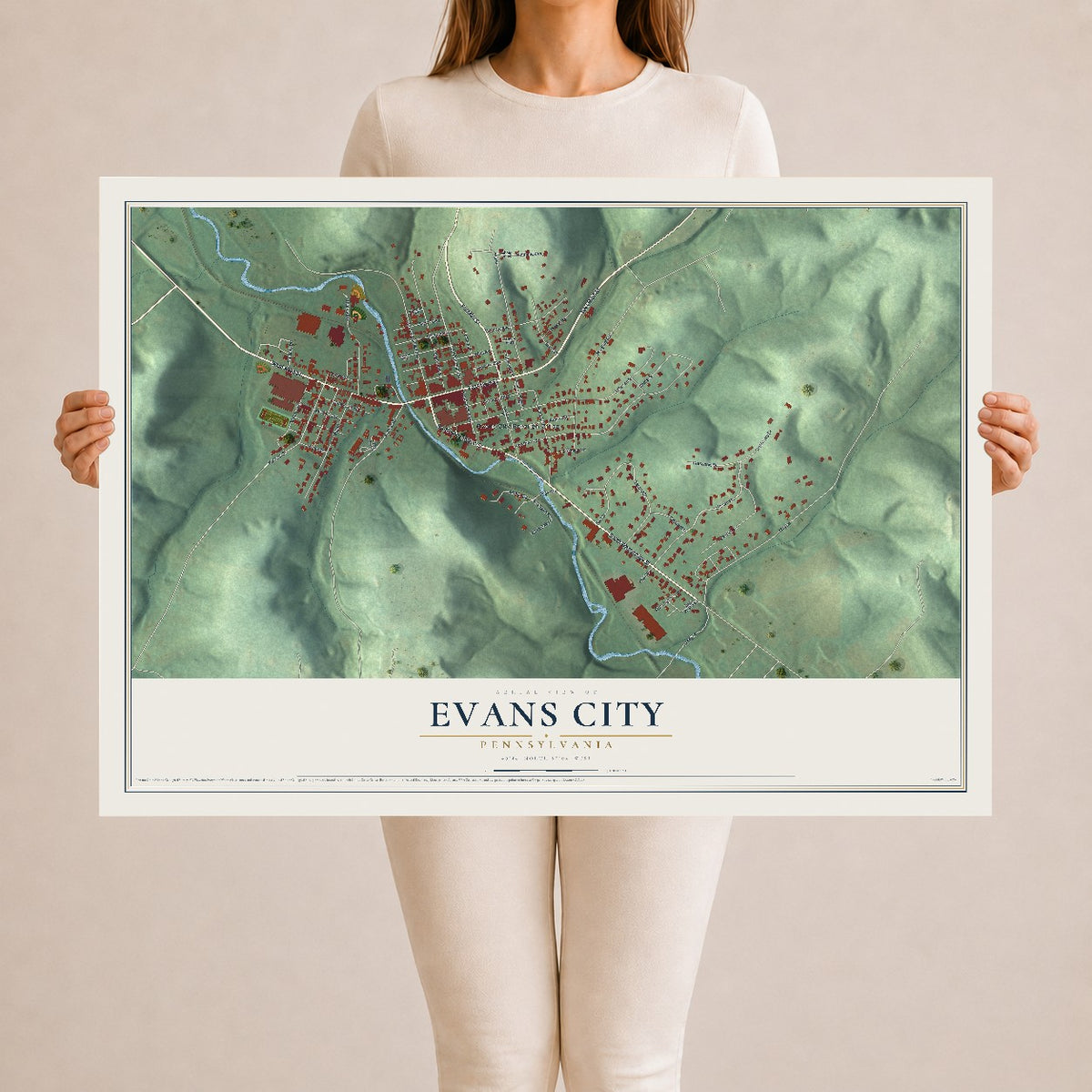 Map of Evans City, Pennsylvania, 24 x 36 inch unframed archival matte print