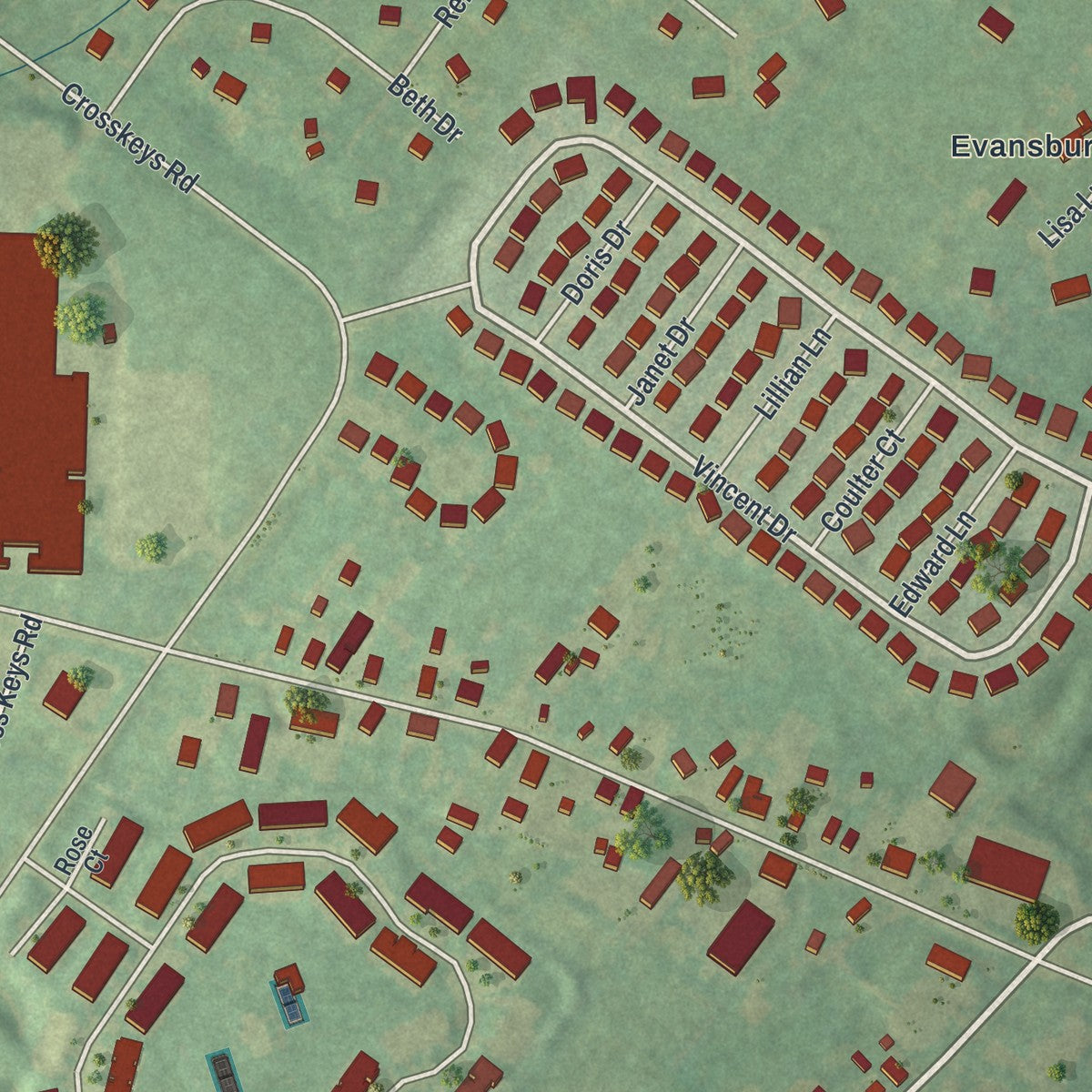 Close-up of the map of Evansburg, Pennsylvania print showing street and building detail