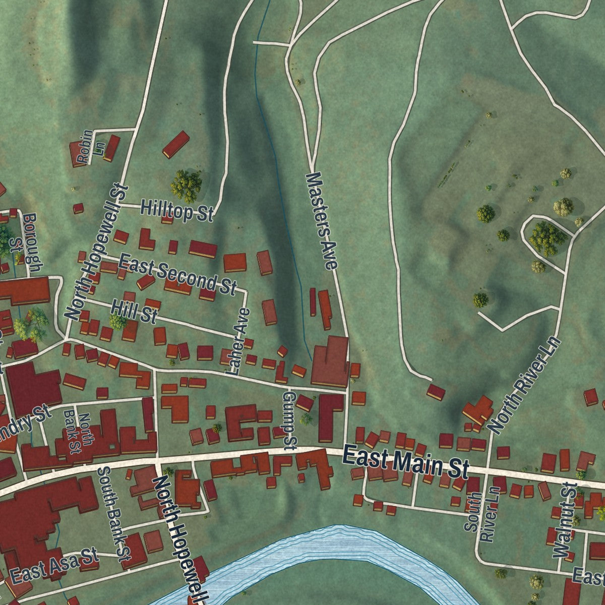 Second close-up of the map of Everett, Pennsylvania print showing more streets and buildings
