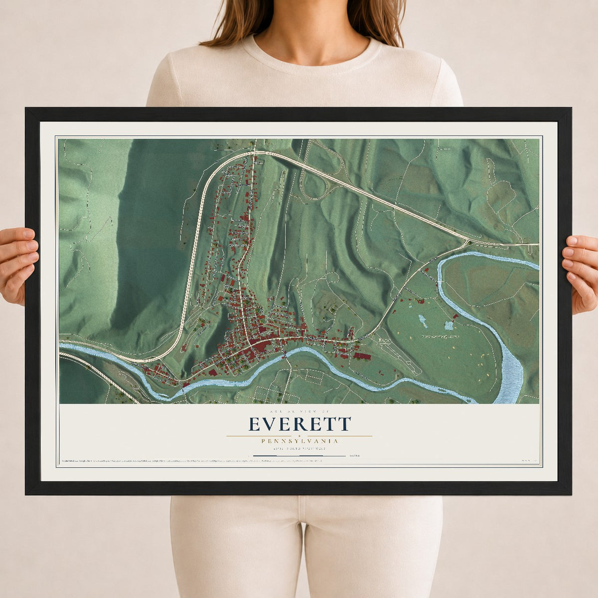Map of Everett, Pennsylvania, 18 x 24 inch print in a black wood frame