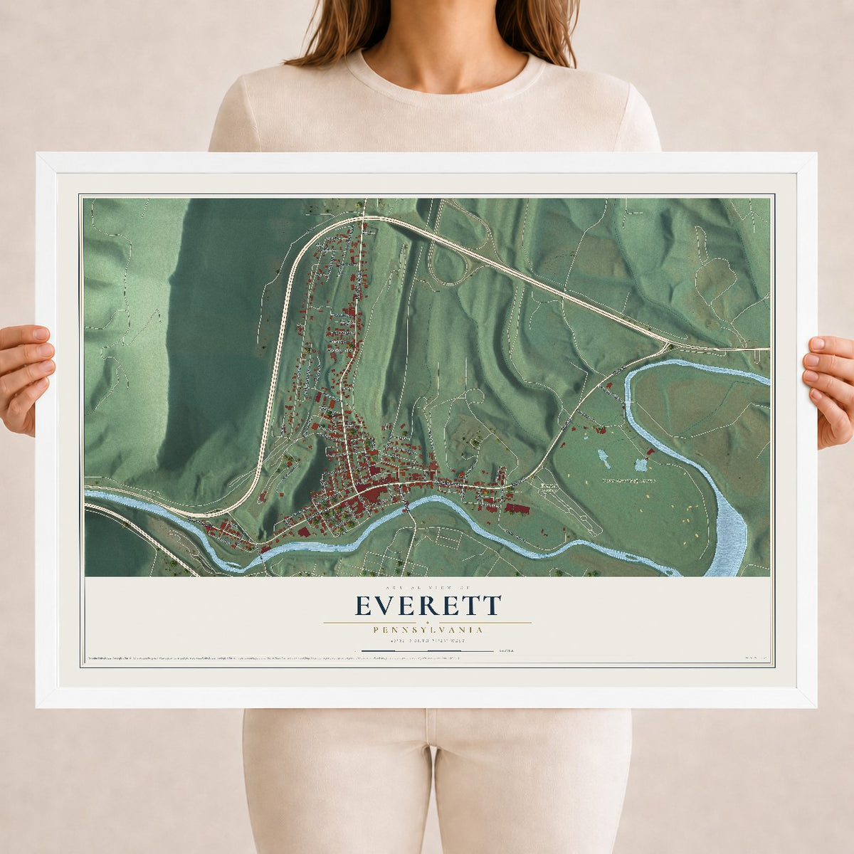 Map of Everett, Pennsylvania, 18 x 24 inch print in a white wood frame