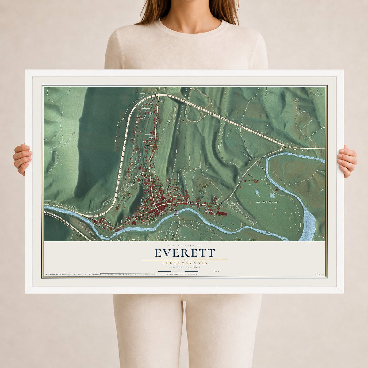Map of Everett, Pennsylvania, 24 x 36 inch print in a white wood frame