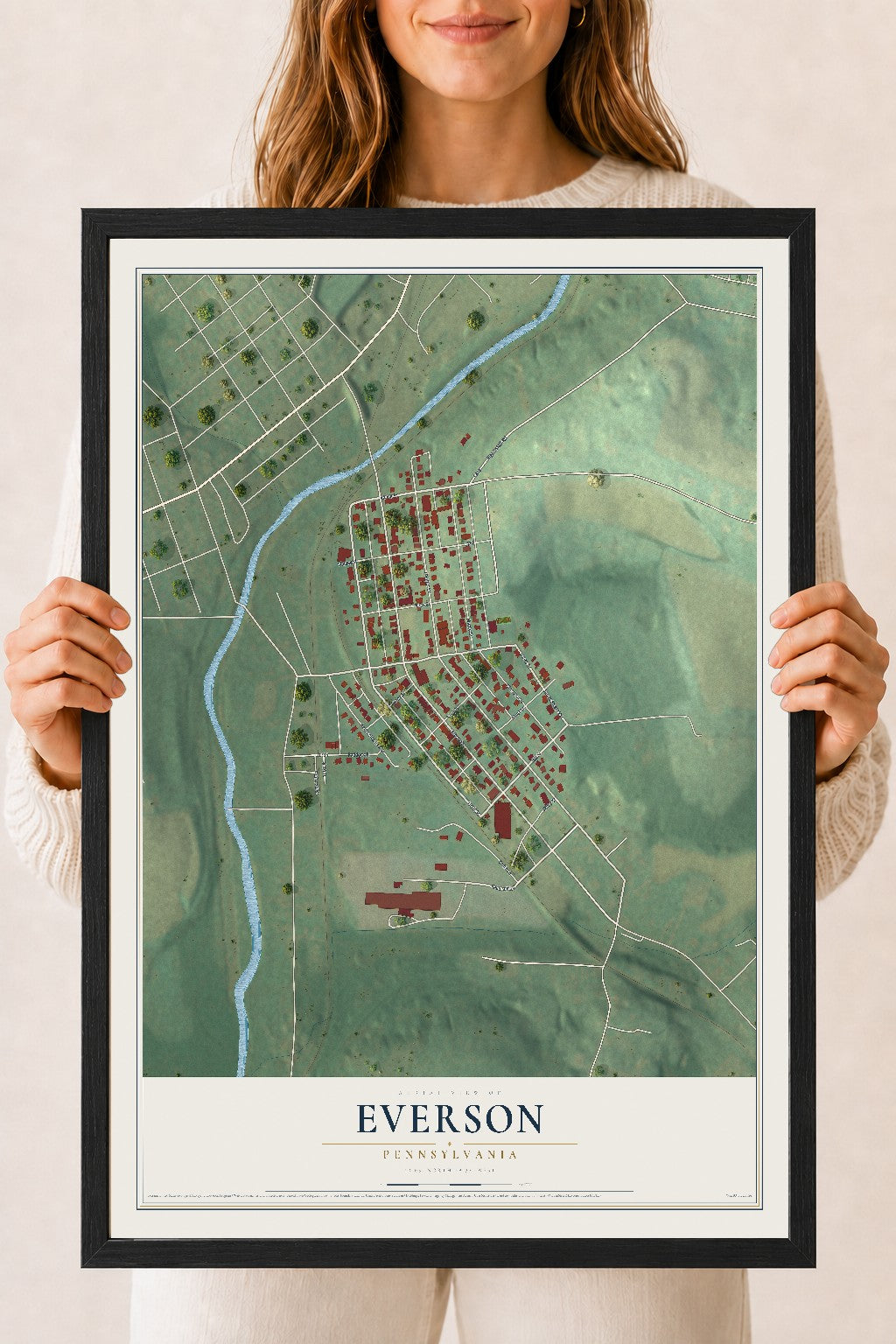 Map of Everson, Pennsylvania, 18 x 24 inch print in a black wood frame