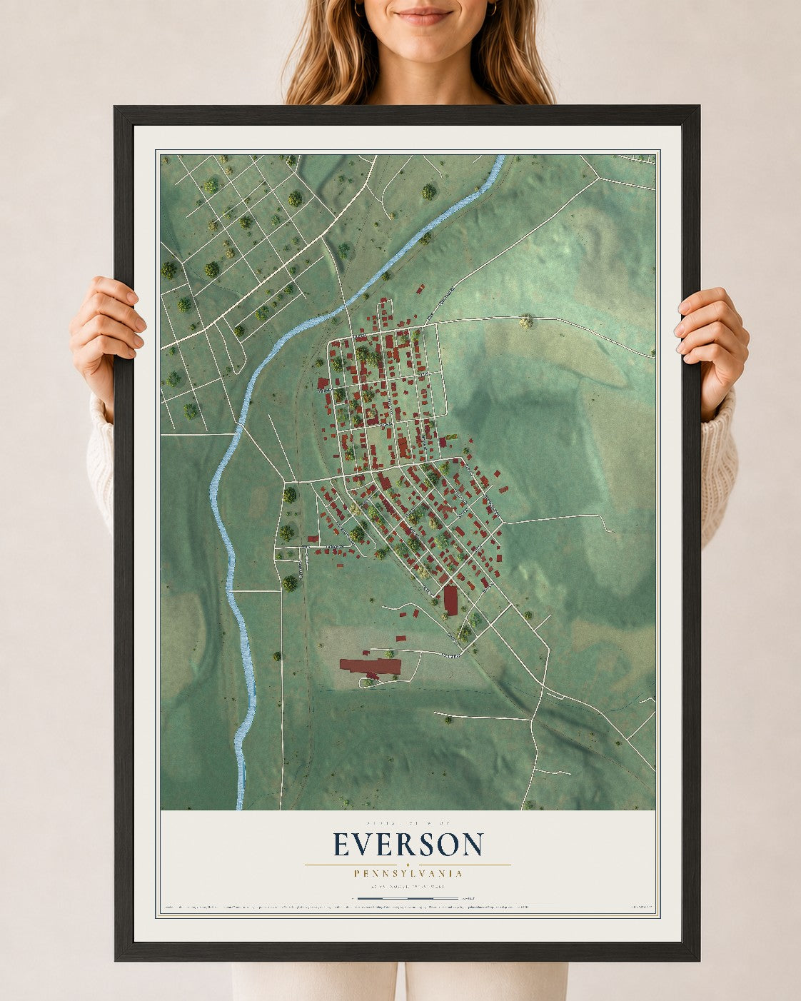 Map of Everson, Pennsylvania, 24 x 36 inch print in a black wood frame