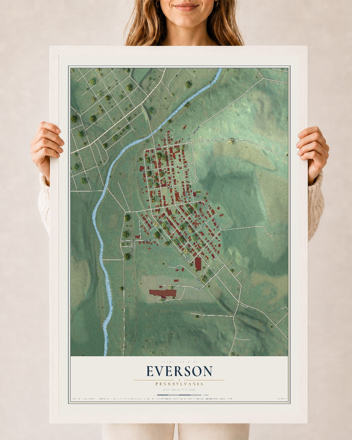Map of Everson, Pennsylvania, 24 x 36 inch print in a white wood frame