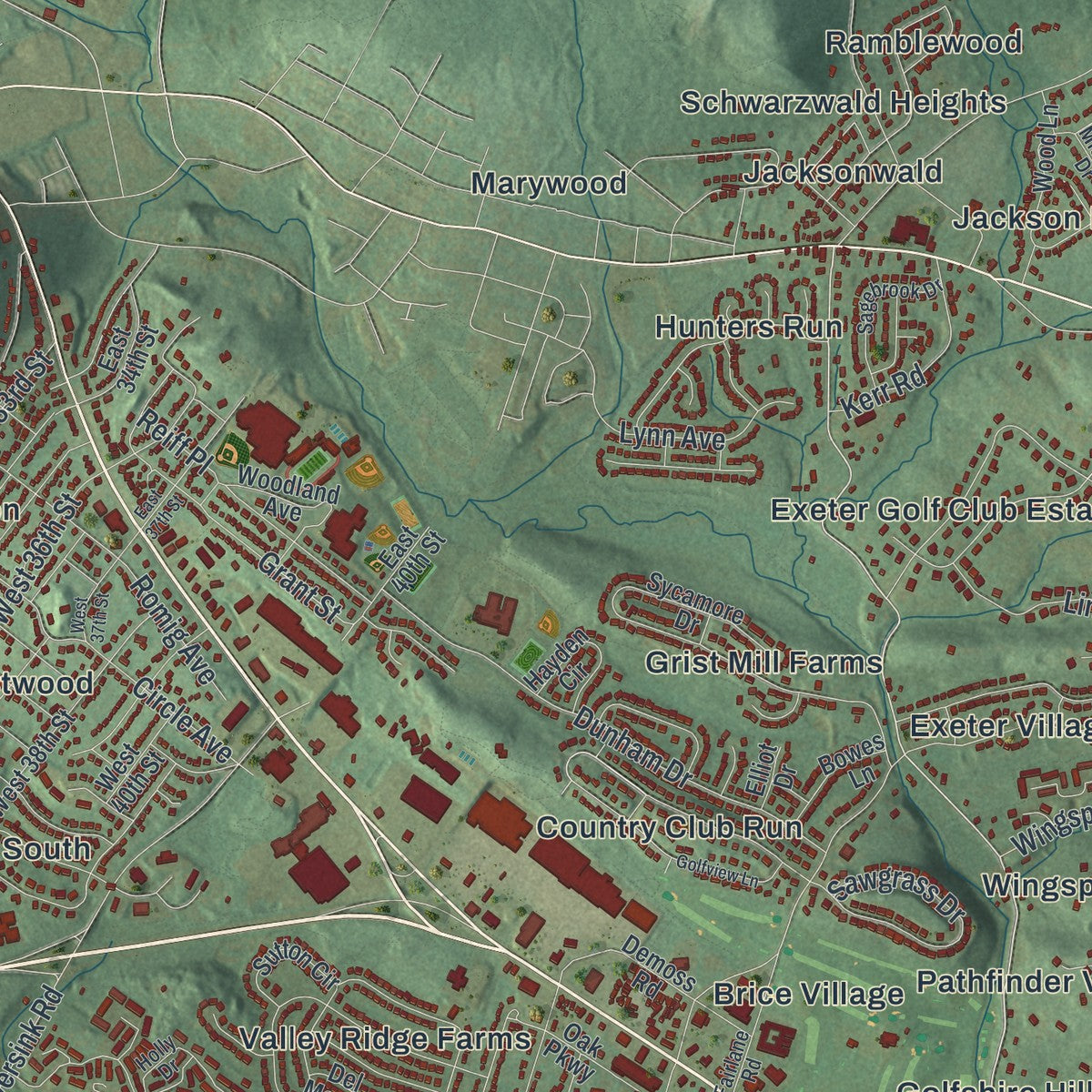 Close-up of the map of Exeter, Berks County, Pennsylvania print showing street and building detail