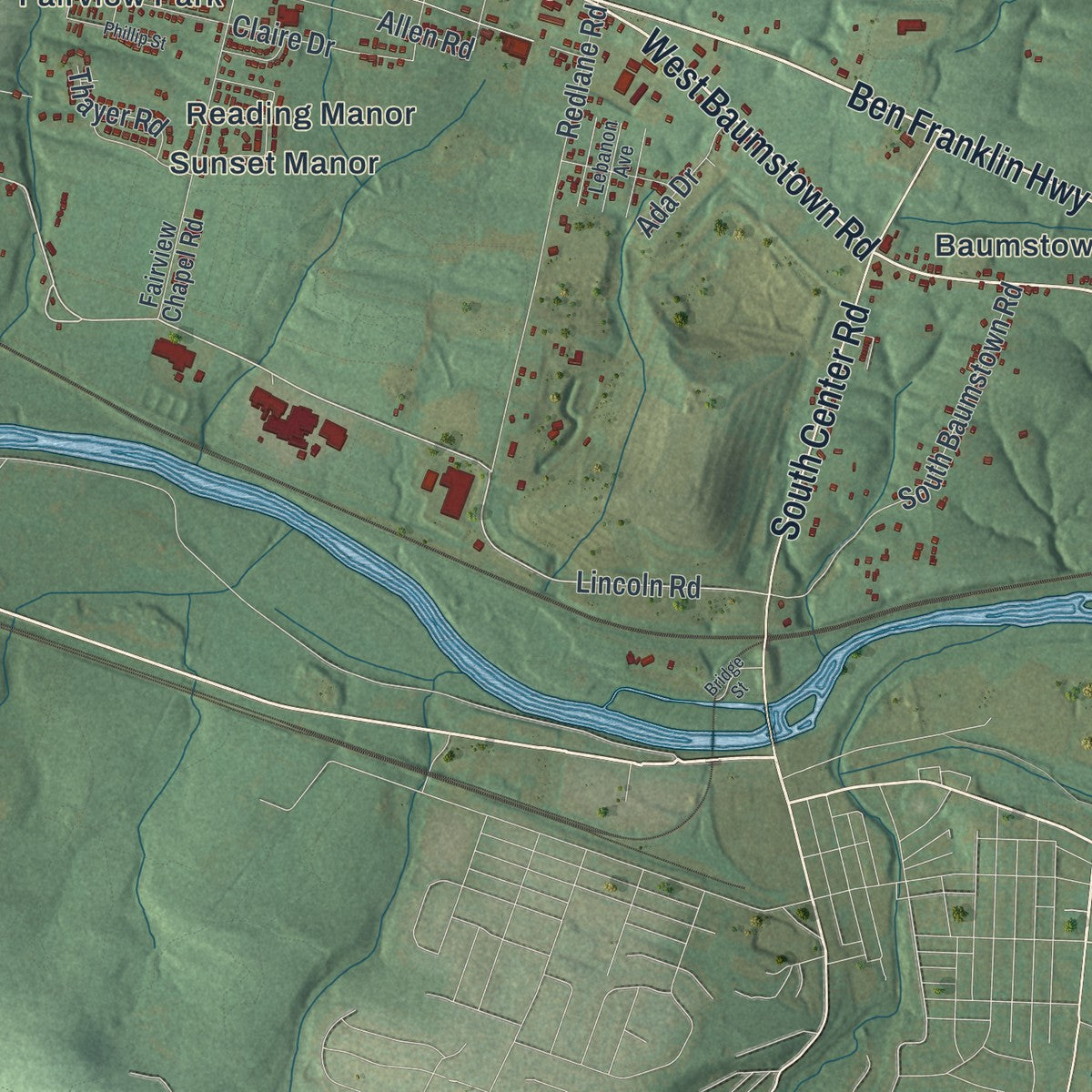 Second close-up of the map of Exeter, Berks County, Pennsylvania print showing more streets and buildings