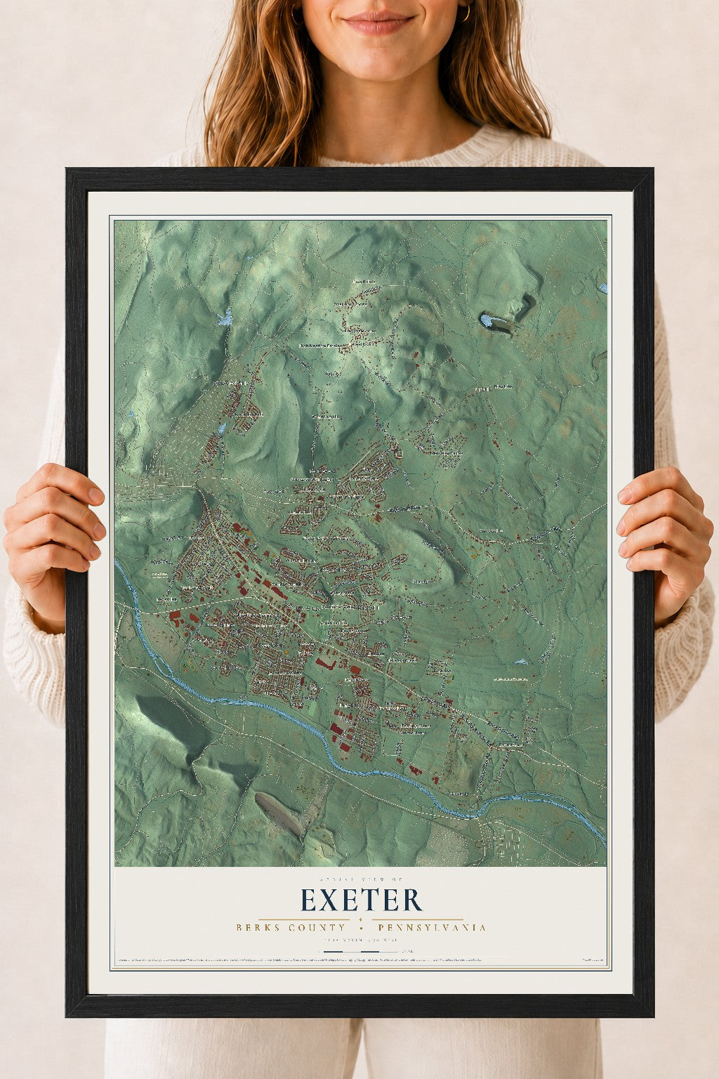 Map of Exeter, Berks County, Pennsylvania, 18 x 24 inch print in a black wood frame