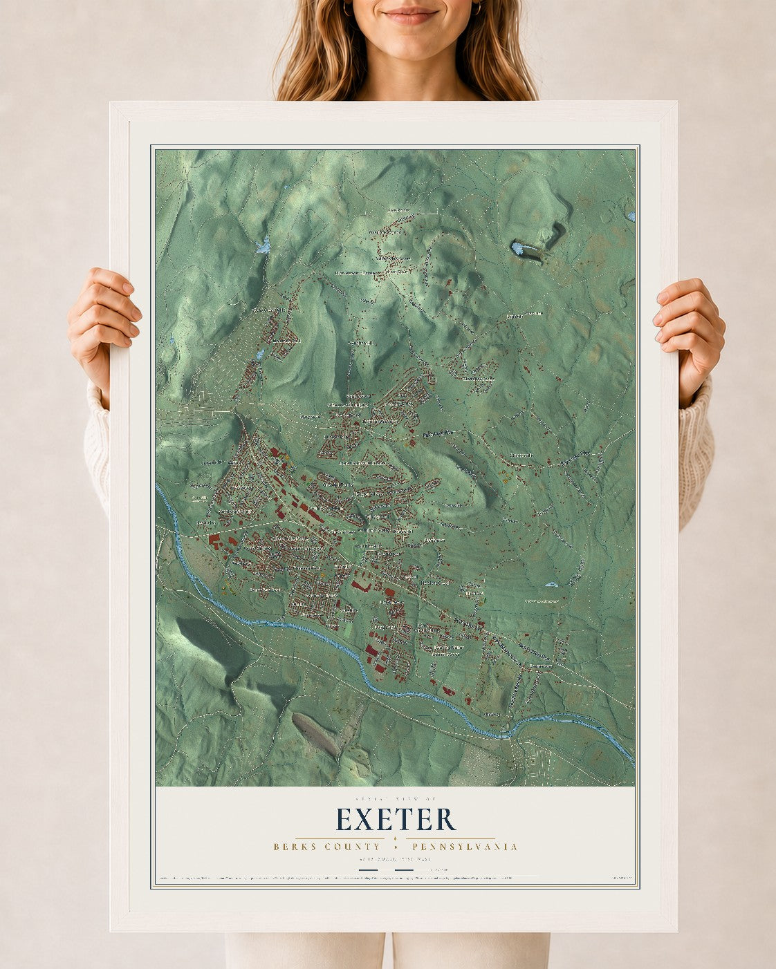 Map of Exeter, Berks County, Pennsylvania, 24 x 36 inch print in a white wood frame
