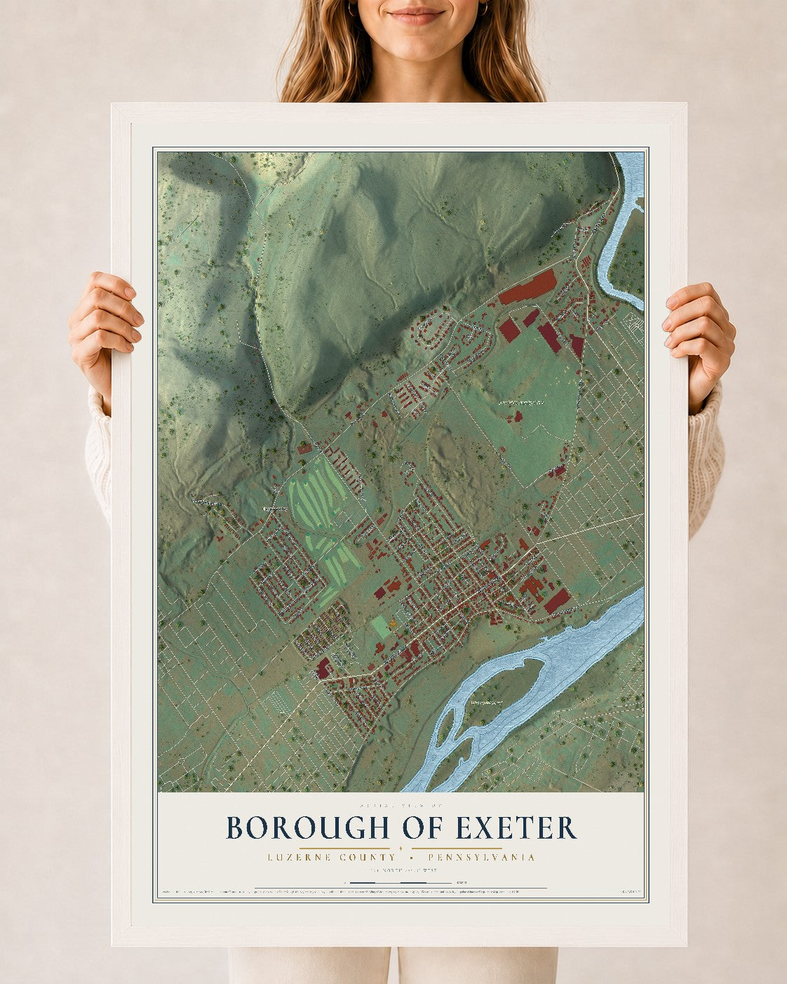 Map of the Borough of Exeter, Luzerne County, Pennsylvania, 24 x 36 inch print in a white wood frame