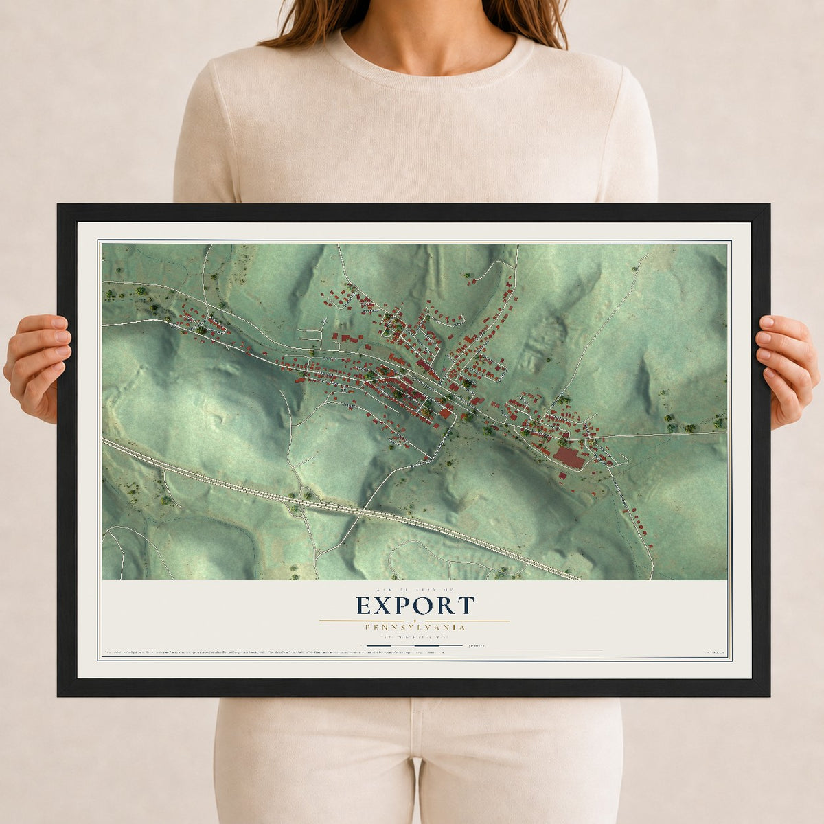 Map of Export, Pennsylvania, 12 x 18 inch print in a black wood frame