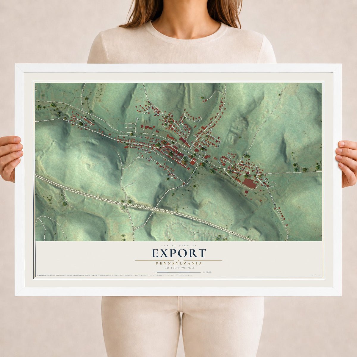 Map of Export, Pennsylvania, 18 x 24 inch print in a white wood frame