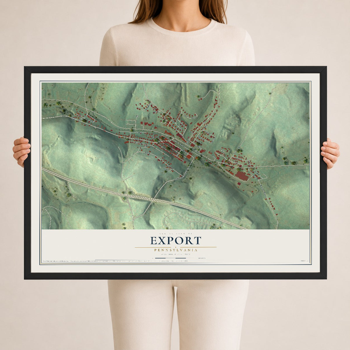 Map of Export, Pennsylvania, 24 x 36 inch print in a black wood frame