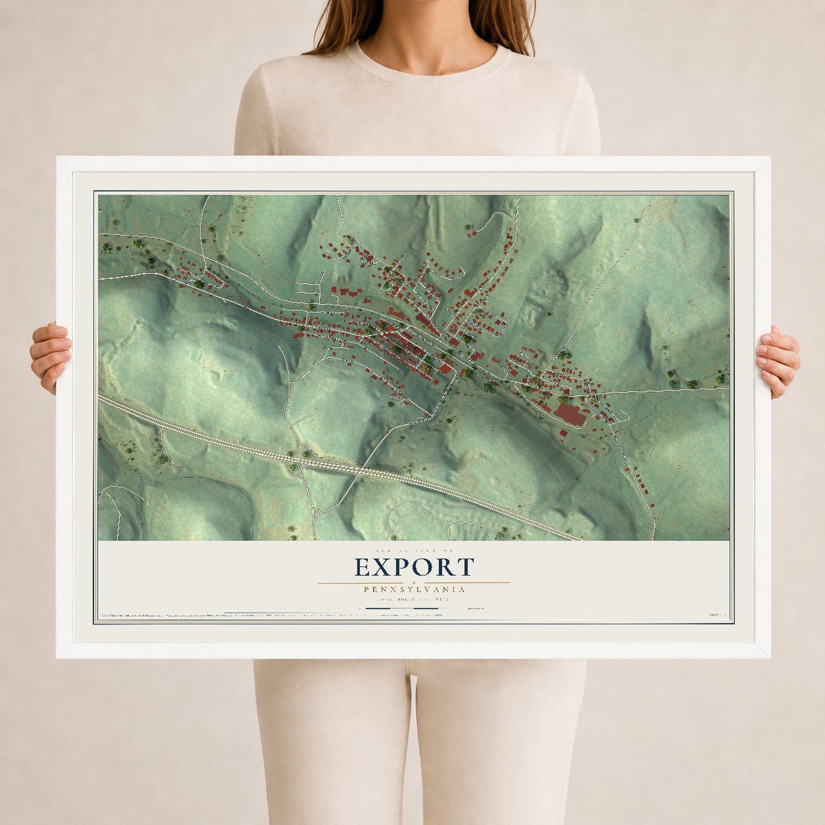 Map of Export, Pennsylvania, 24 x 36 inch print in a white wood frame
