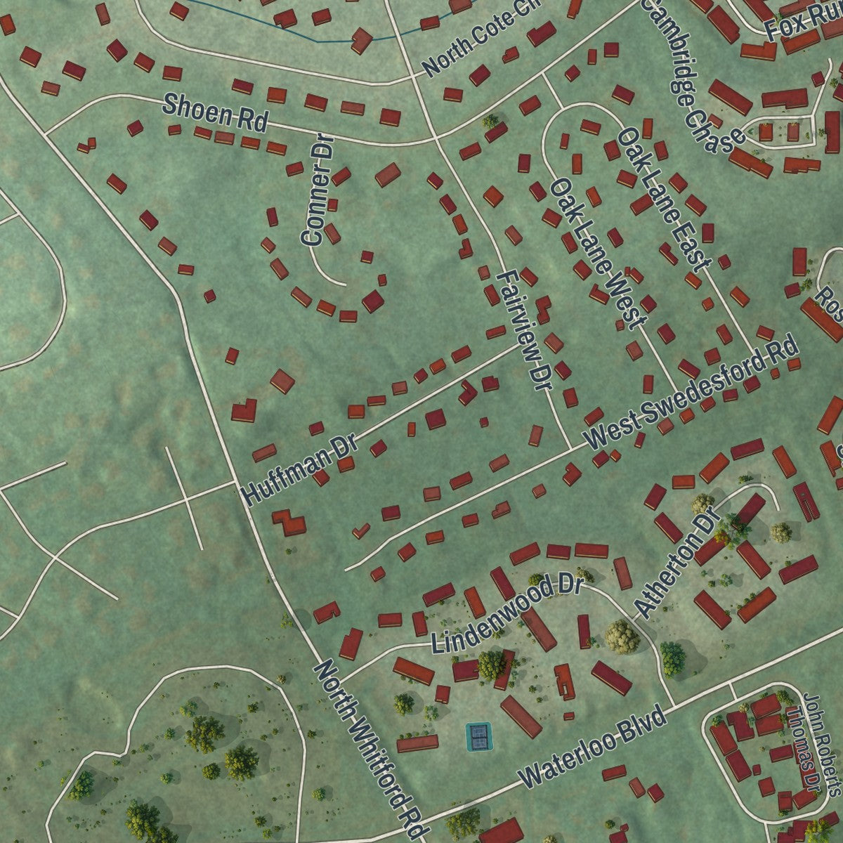 Second close-up of the map of Exton, Pennsylvania print showing more streets and buildings