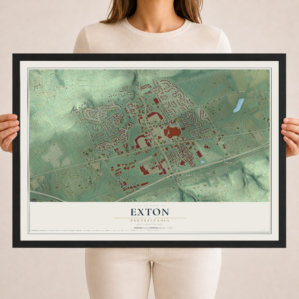 Map of Exton, Pennsylvania, 18 x 24 inch print in a black wood frame
