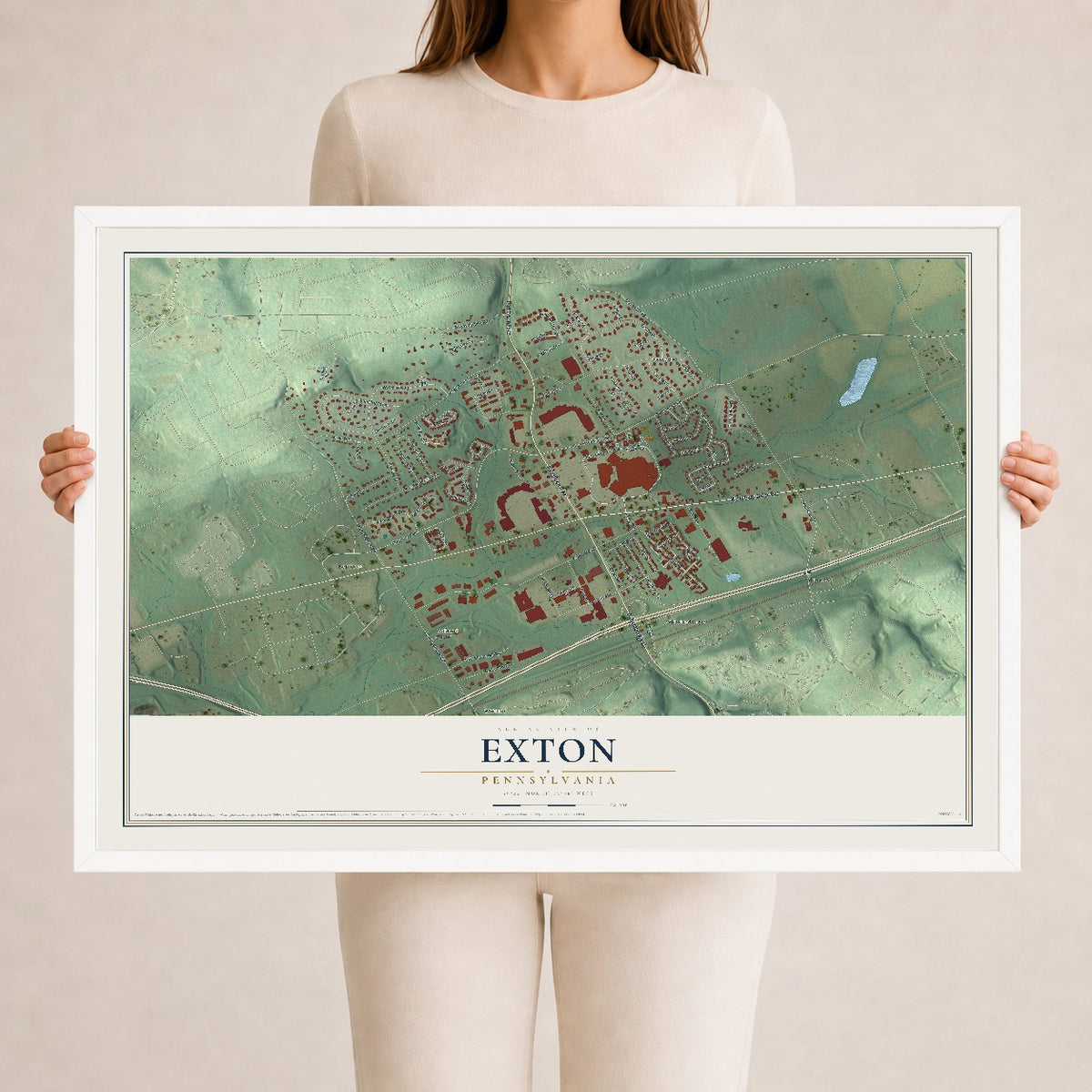 Map of Exton, Pennsylvania, 24 x 36 inch print in a white wood frame