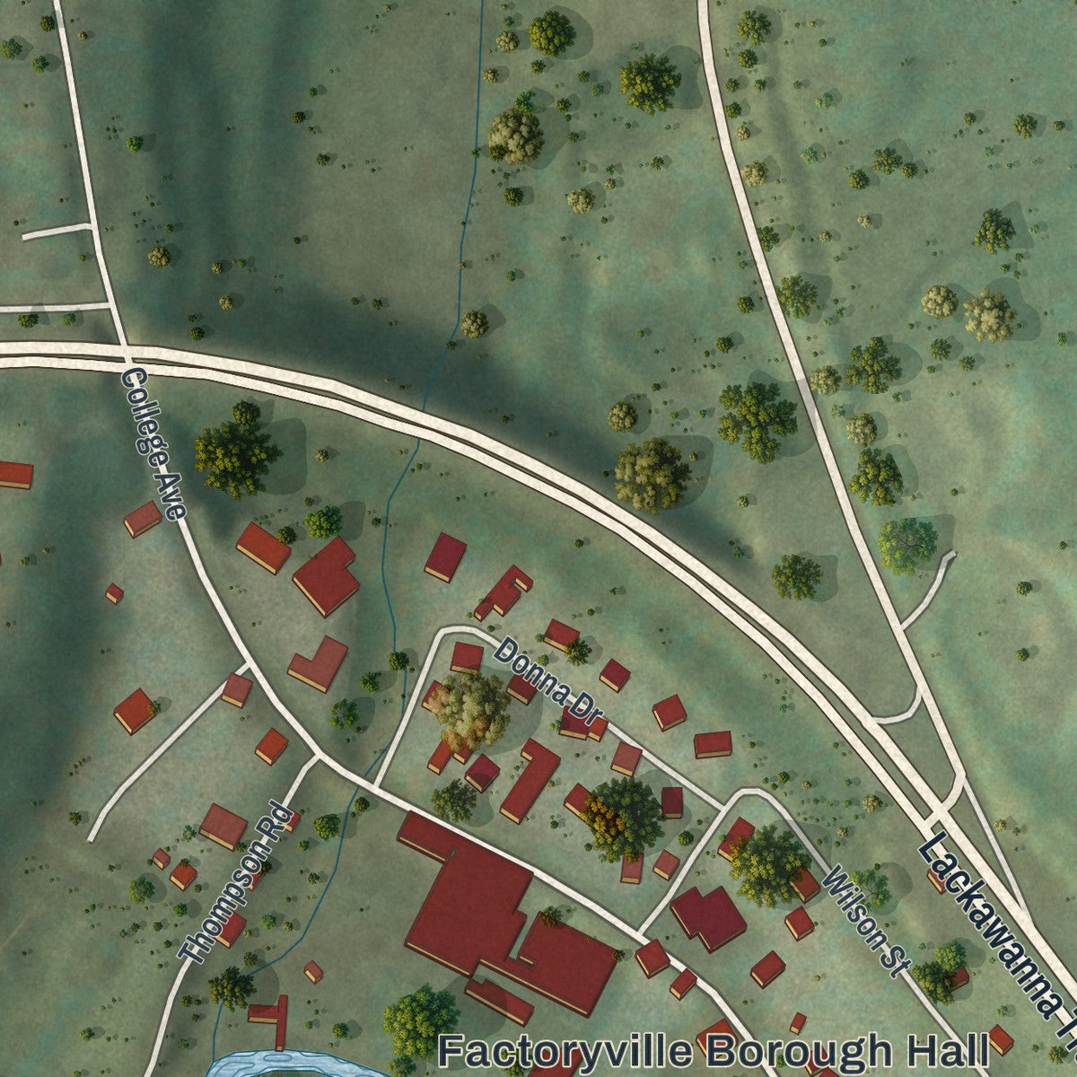 Second close-up of the map of Factoryville, Pennsylvania print showing more streets and buildings