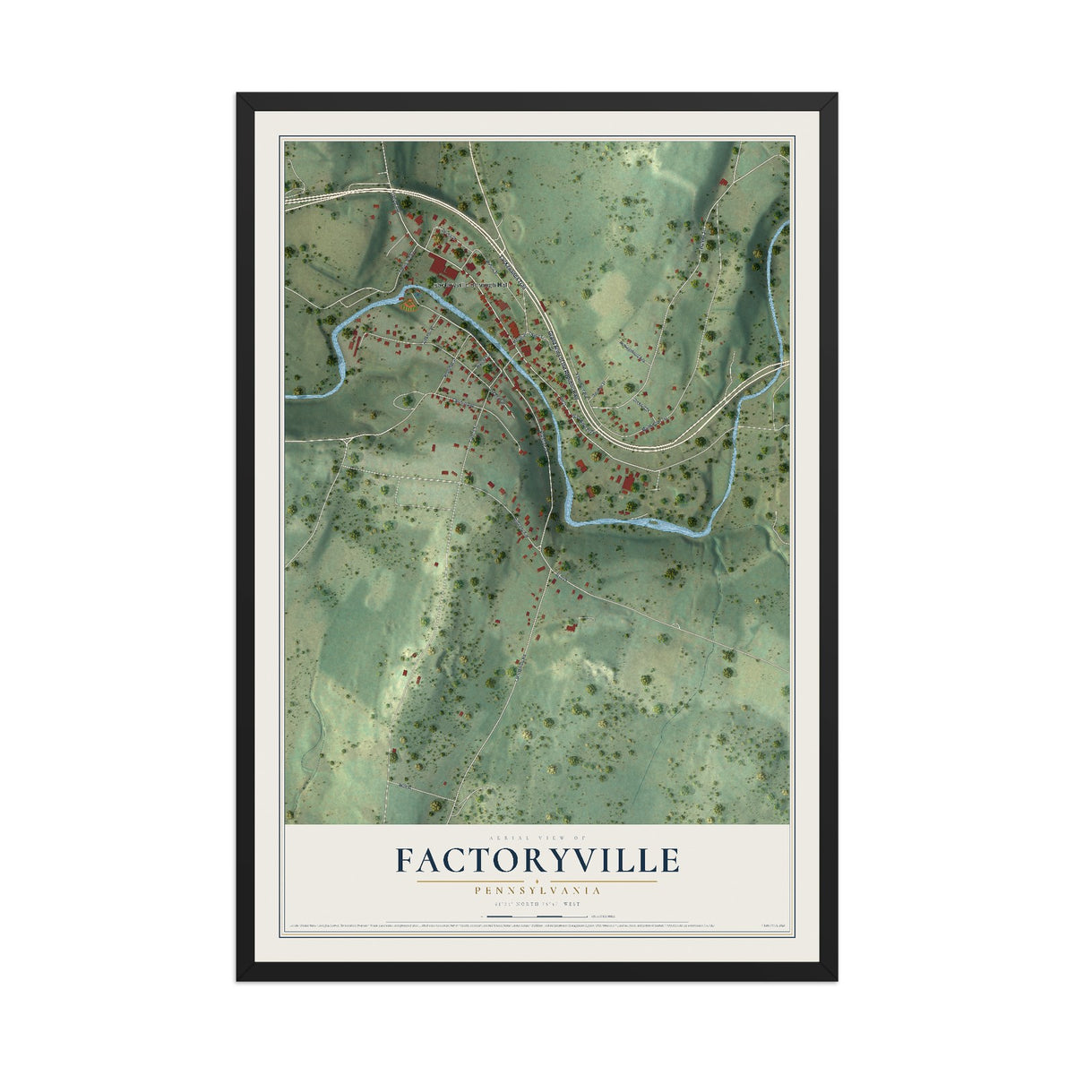 Map of Factoryville, Pennsylvania, 12 x 18 inch print in a black wood frame