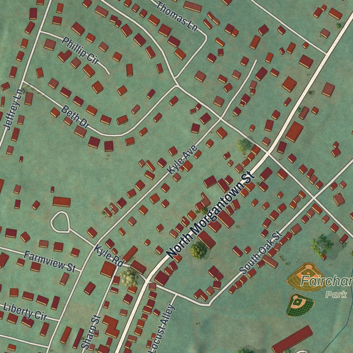 Close-up of the map of Fairchance, Pennsylvania print showing street and building detail