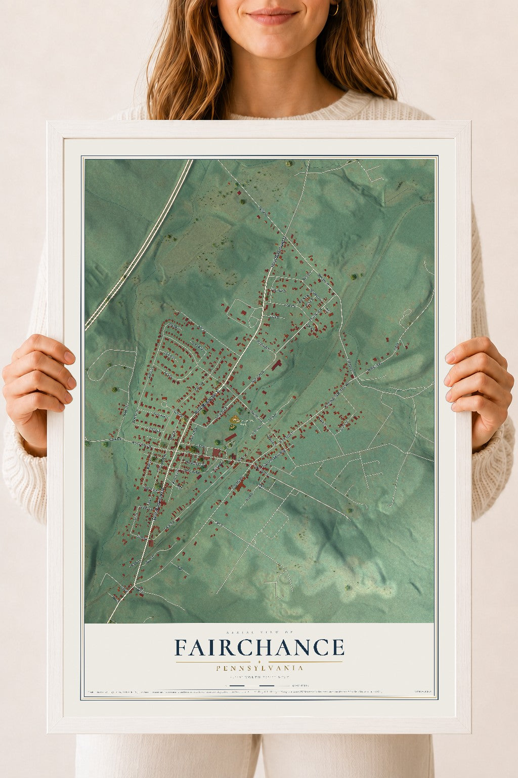 Map of Fairchance, Pennsylvania, 18 x 24 inch print in a white wood frame