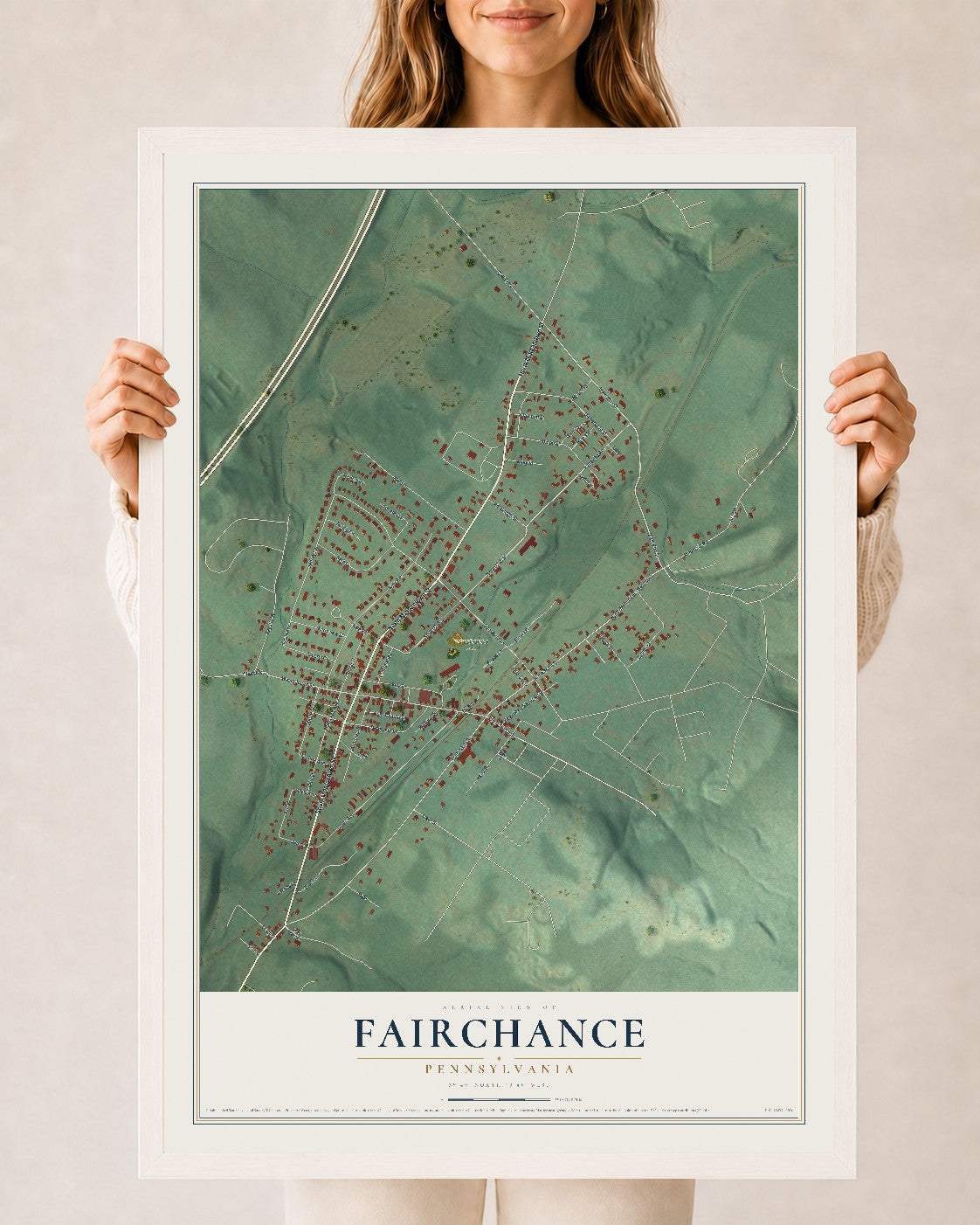 Map of Fairchance, Pennsylvania, 24 x 36 inch print in a white wood frame